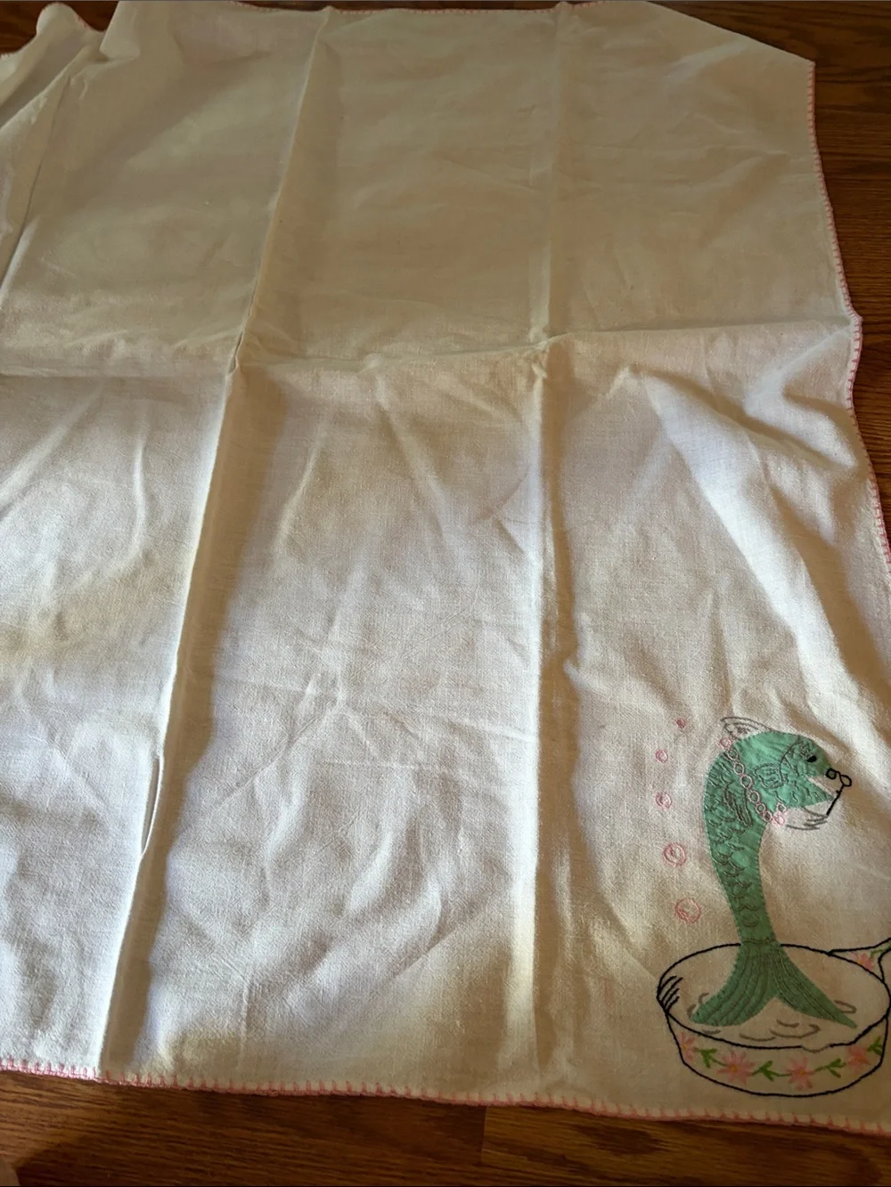White Kitchen Towel with Green Fish Illustration and Pink Trim
